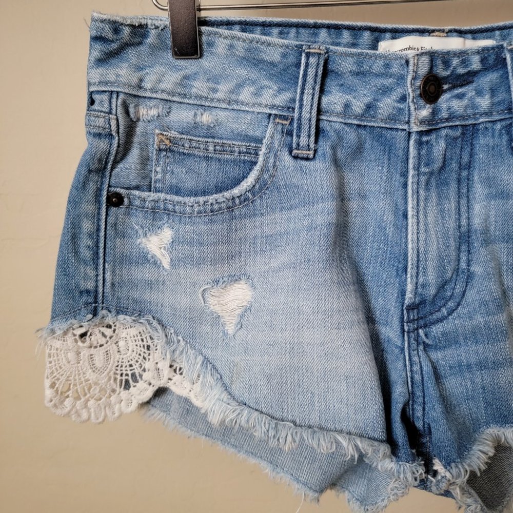 Abercrombie & Fitch Lace Crochet Distressed Cutoff Denim Jean Shorts - Picture 3 of 12